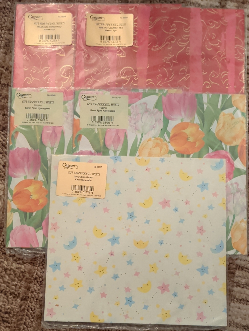 VTG 90s Caspari Premium Gift Wrap Sheets Lot of 5 Sealed Printed In Denmark